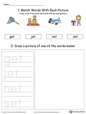 Practice drawing, tracing and identifying the sounds of the letters ET in this Word Family printable.