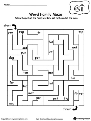 Practice thinking skills and word patterns with this ET Word Family maze printable worksheet.