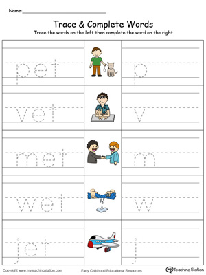 Trace then write the words themselves in this ET Word Family Trace and Write in Color printable worksheet.
