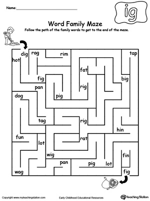 Practice thinking skills and word patterns with this IG Word Family maze printable worksheet.