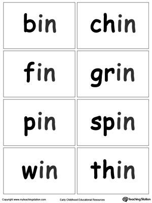 IN Word Family flashcards for kindergarten.