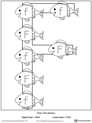 Practice identifying the uppercase and lowercase letter F in this preschool reading printable worksheet.