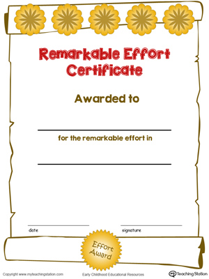 Printable certificate award for remarkable effort for kids in color.