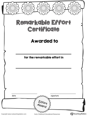 Printable certificate award for remarkable effort for kids.