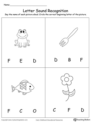 Practice recognizing the alphabet letter F sound in this picture match printable worksheet.