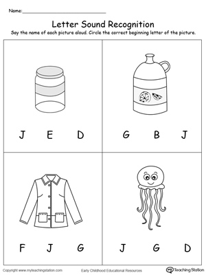 Practice recognizing the alphabet letter J sound in this picture match printable worksheet.