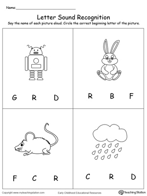 Practice recognizing the alphabet letter R sound in this picture match printable worksheet.