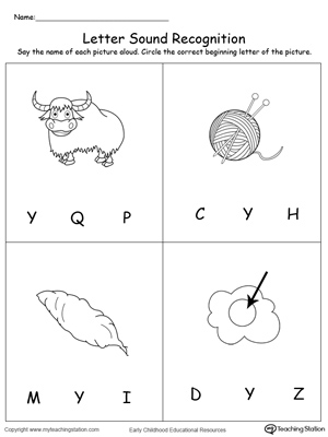 Practice recognizing the alphabet letter Y sound in this picture match printable worksheet.