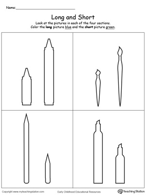 Short and long printable worksheets using pictures to help aid the concept of length and size to kids in preschool.