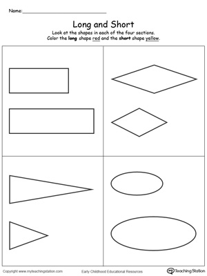 Long and short printable worksheets using shapes to teach preschoolers the concept of length and size.