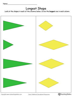Teach the concept of length (long and short) using this Longest Shape in Color printable worksheet.