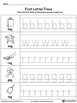 AG word family lowercase letter tracing. Practice writing lowercase letters in this printable worksheet.