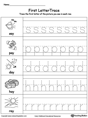 AY word family lowercase letter tracing. Practice writing lowercase letters in this printable worksheet.