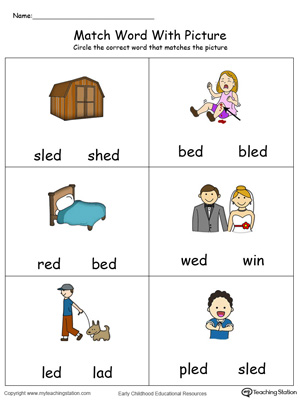 Match Word with Picture: ED Words in Color. Identifying words ending in  –ED by matching the words with each picture.