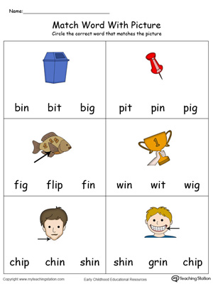Match Word with Picture: IN Words in Color. Identifying words ending in  –IN by matching the words with each picture.