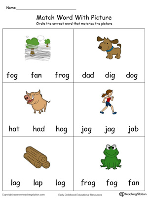 Match Word with Picture: OG Words in Color. Identifying words ending in  –OG by matching the words with each picture.