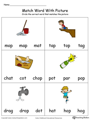 Match Word with Picture: OP Words in Color. Identifying words ending in  –OP by matching the words with each picture.
