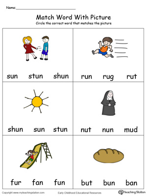 Match Word with Picture: UN Words in Color. Identifying words ending in  –UN by matching the words with each picture.