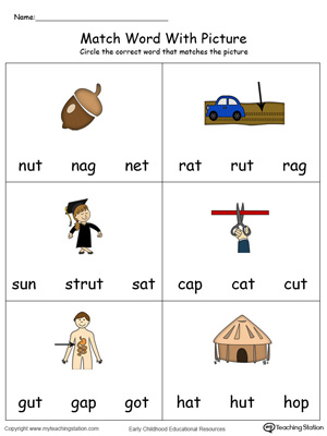 Match Word with Picture: UT Words in Color. Identifying words ending in  –UT by matching the words with each picture.