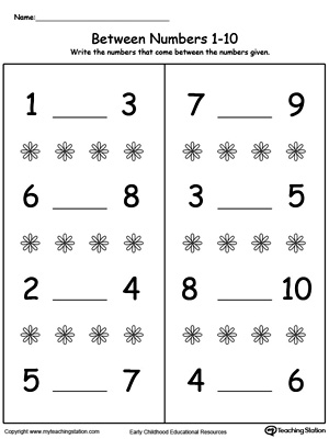 Identify the number in between 1-10 by looking at the order of the numbers and writing the missing number.