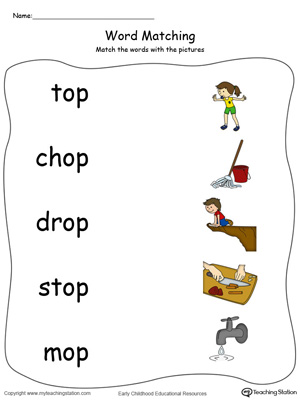 OP Word Family Picture and Word Match in Color. Identifying words ending in  –OP by matching the words with each picture.