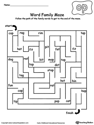 Practice thinking skills and word patterns with this OP Word Family maze printable worksheet.