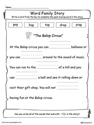 Master reading and writing with this OP word family story printable worksheet for kindergarten.