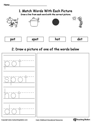 Practice tracing, drawing and recognizing the sounds of the letters OT in this Word Family printable.
