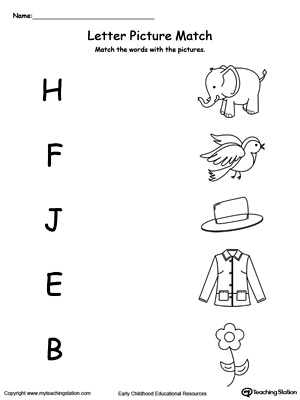 Preschool learning letter sounds printable worksheet. Match words starting with H,F,J,E,B with the picture