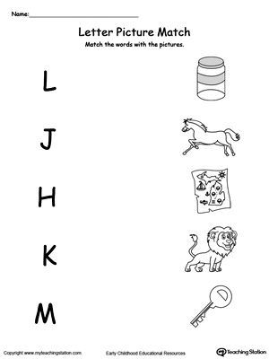 Preschool learning letter sounds printable worksheet. Match words starting with L,J,H,K,M with the picture