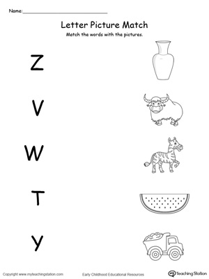 Preschool learning letter sounds printable worksheet. Match words starting with Z,V,W,T,Y with the picture