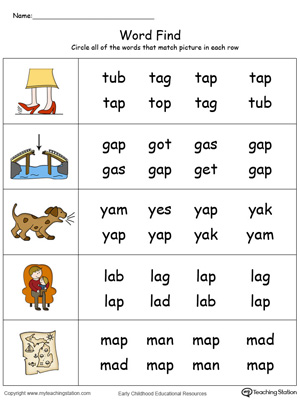 Match pictures with words using similar letter patterns in this AP Word Family printable worksheet in color.