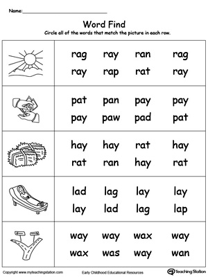 Match words using similar letter patterns with its picture in this AY Word Family printable worksheet.