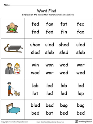 Match pictures with words using similar letter patterns in this ED Word Family printable worksheet in color.