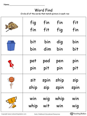 Match pictures with words using similar letter patterns in this IN Word Family printable worksheet in color.