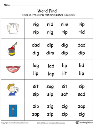 Match pictures with words using similar letter patterns in this IP Word Family printable worksheet in color.