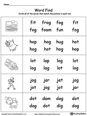 Match words using similar letter patterns with its picture in this OG Word Family printable worksheet.