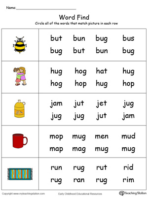Match pictures with words using similar letter patterns in this UG Word Family printable worksheet in color.