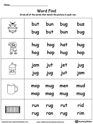 Match words using similar letter patterns with its picture in this UG Word Family printable worksheet.