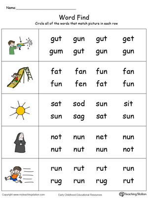 Match pictures with words using similar letter patterns in this UN Word Family printable worksheet in color.