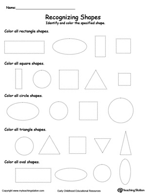 Practice fine motor skills while learning shapes with this Recognizing Shapes printable worksheet.
