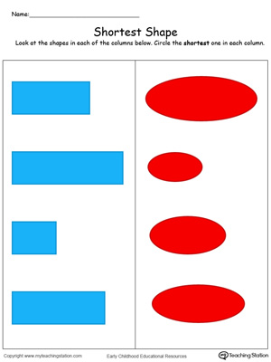 Teach the concept of length (long and short) using this Shortest Shape in Color printable worksheet.