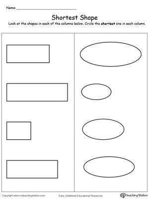 Teach the concept of length (long and short) using this Shortest Shape printable worksheet.