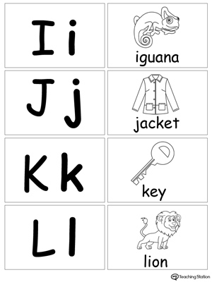 Printable small alphabet letters flashcard: I J K L.