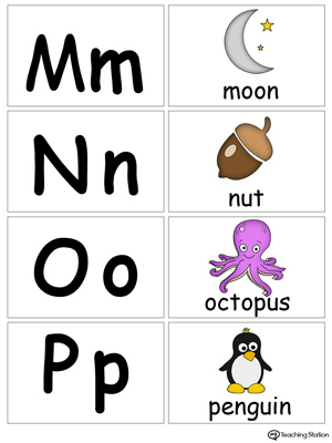 Small alphabet printable flashcards in color for the letters: M N O P.