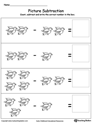 Subtracting numbers with this picture math printable worksheet . Browse other free subtraction worksheets.