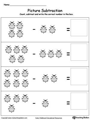 Practice subtracting numbers using pictures in this math printable worksheet. Browse other free subtraction worksheets.