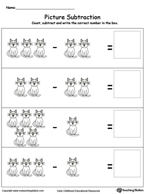 Kindergarten subtraction using pictures in this math printable worksheet. Browse other free subtraction worksheets.