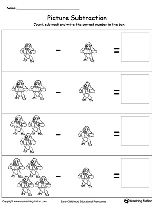 Learning subtraction using pictures in this math printable worksheet. Browse other free subtraction worksheets.