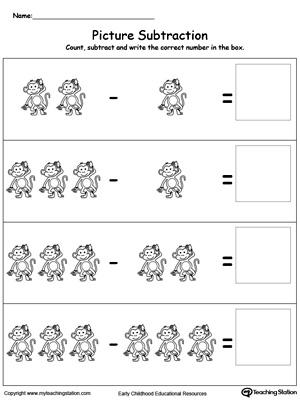 Practice subtraction using pictures in this math printable worksheet. Browse other free subtraction worksheets.